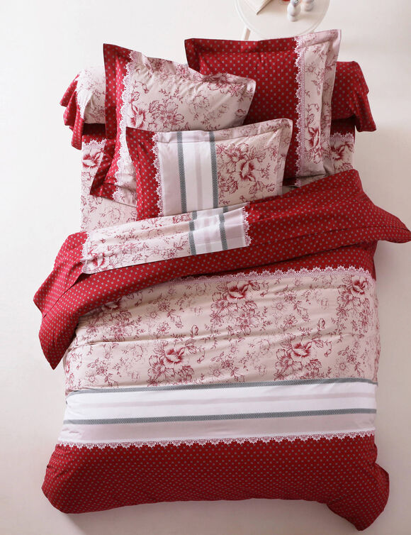 Linge de lit Gabrielle en coton imprimé pois, fleurs et dentelle (rouge) Linge de lit Gabrielle en coton imprimé pois, fleurs et dentelle (rouge)